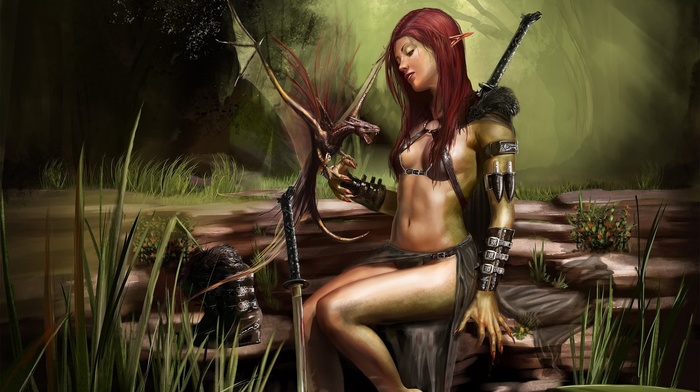 redhead, warrior, nature, digital art, girl, dragon, elves, sword, katana, fantasy art