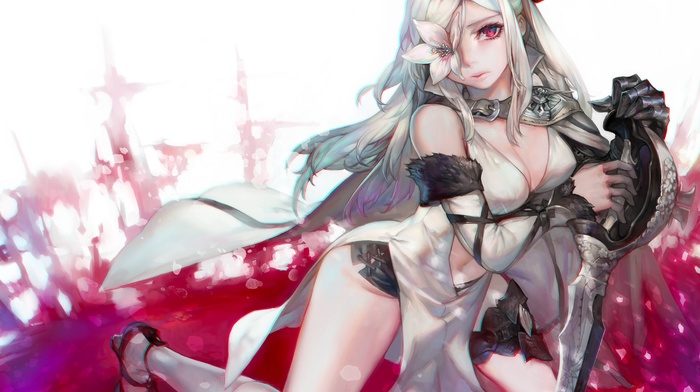 armor, cleavage, Aoin, Drakengard, anime girls, flowers, anime, sword, weapon, navels