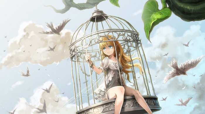 cages, anime girls, sky, birds, artwork, original characters, chains, anime