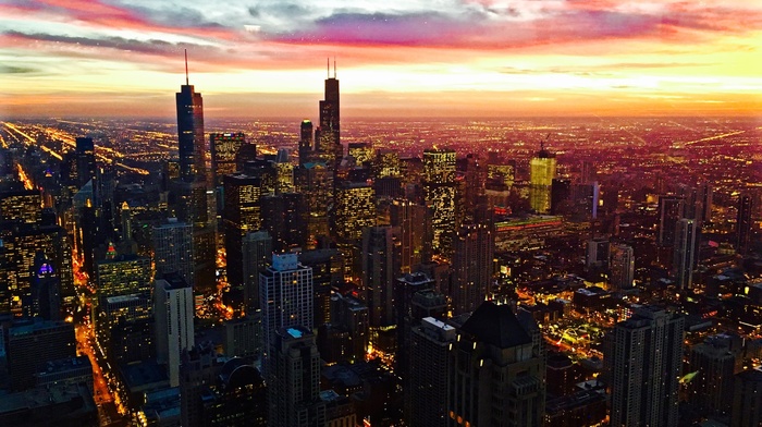 city, sky, Chicago, sunset, building, lights, USA, skyscraper