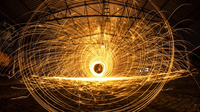 long exposure, factory, fire, sparks, construction