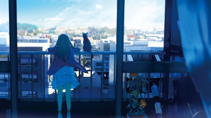 anime girls, cat, balcony, city, window, anime, sky, original characters