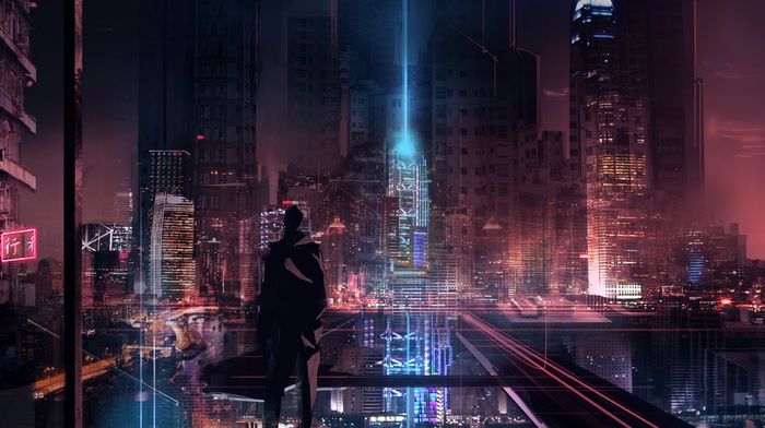 futuristic, cyber, silhouette, futuristic city, glowing, skyscraper, cyberpunk