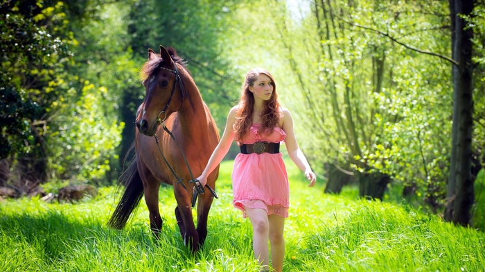 girl outdoors, model, horse, green, girl, nature