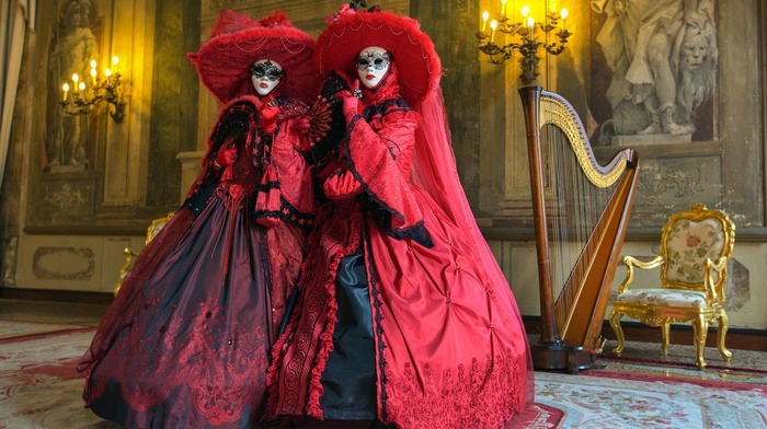 dress, mask, harp, girl
