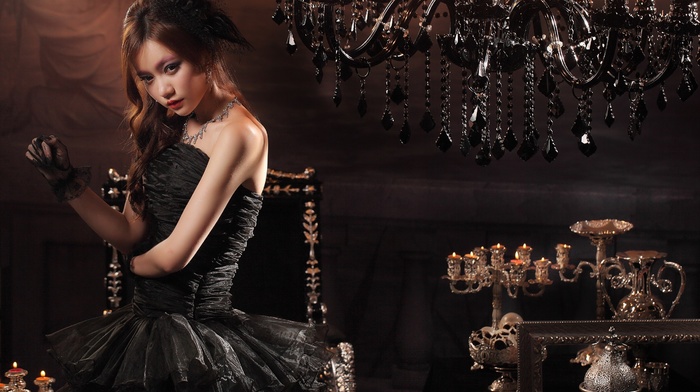 strapless dress, Asian, model, girl, gloves, black dress