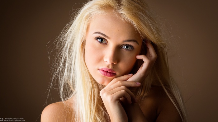 portrait, girl, face, blonde, simple background