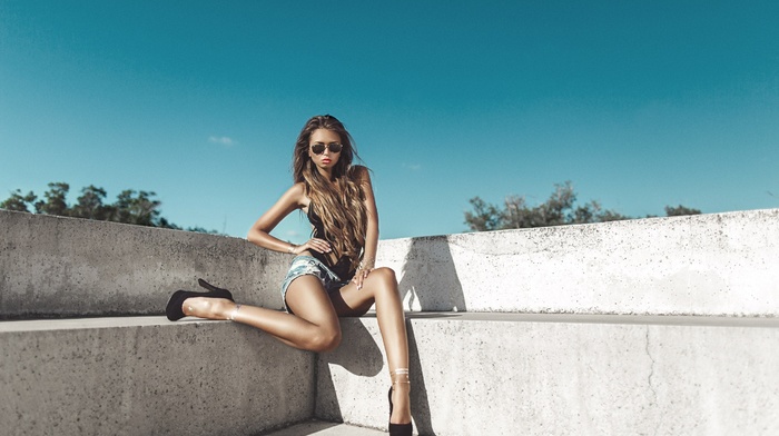 high heels, sunglasses, jean shorts, girl, sitting, Mikhail Nakhimovich