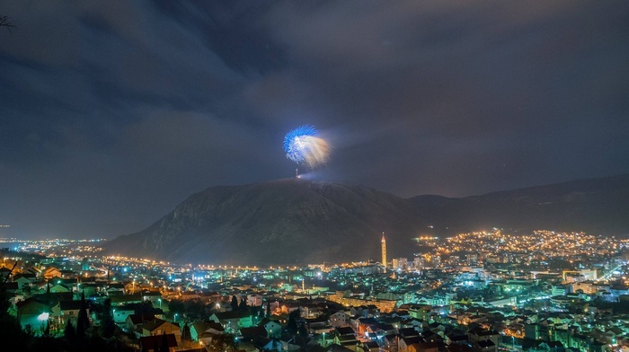 city lights, night, Bosnia and Herzegovina, Bosnia, city, Mostar, fireworks