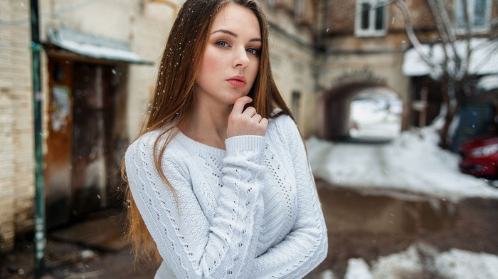 blue eyes, standing, girl, sweater, long hair, looking at viewer, girl outdoors, face, snow, straight hair, portrait, urban, blonde