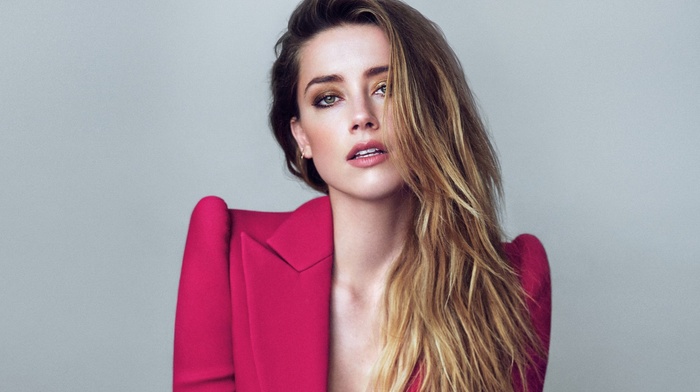long hair, wavy hair, actress, face, girl, open mouth, looking at viewer, Amber Heard, blonde, portrait, simple background, cleavage