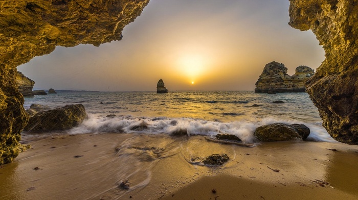 Portugal, cave, horizon, rock, landscape, nature, beach, sand, sea