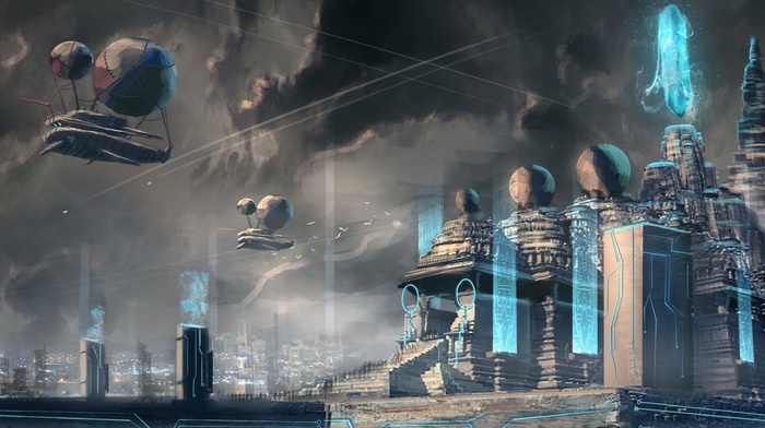 city, blue, temple, futuristic