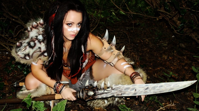brunette, long hair, looking at viewer, face paint, squatting, brown eyes, girl, black hair, cosplay, spear