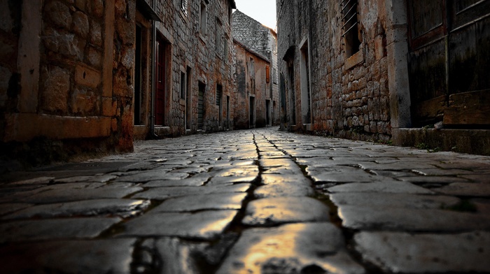 cobblestone, street, urban, bricks, worms eye view, Croatia, vignette