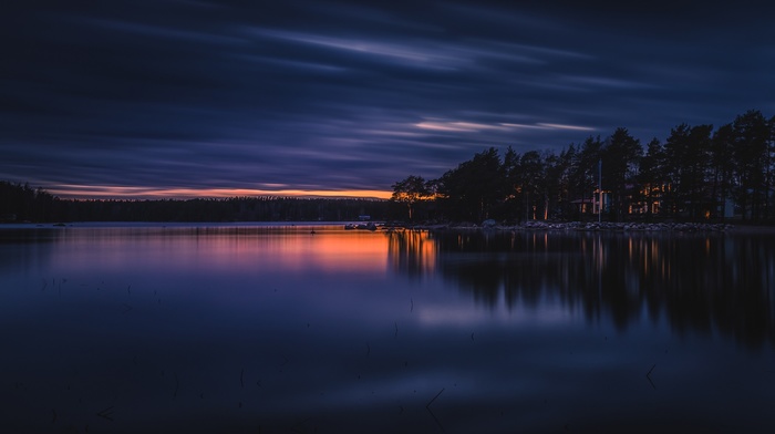 lake, reflection, Finland, sunset, clouds, landscape, trees