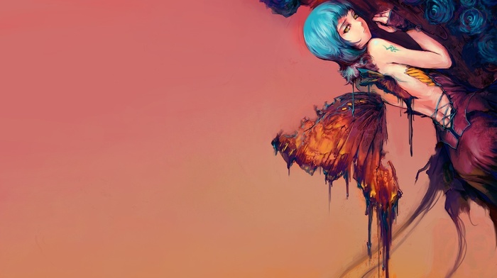 blue hair, corset, drawing, wings