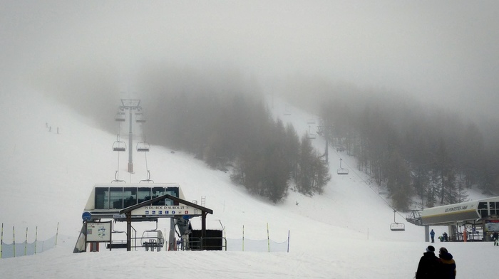 mist, skis, winter, clouds, snow