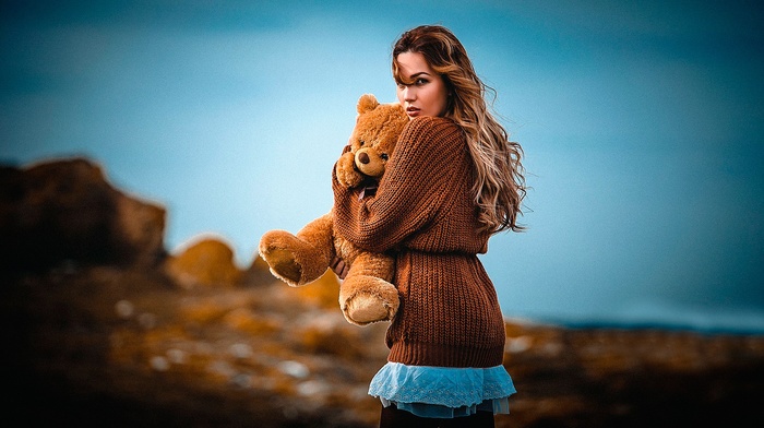 model, teddy bears, girl, girl outdoors