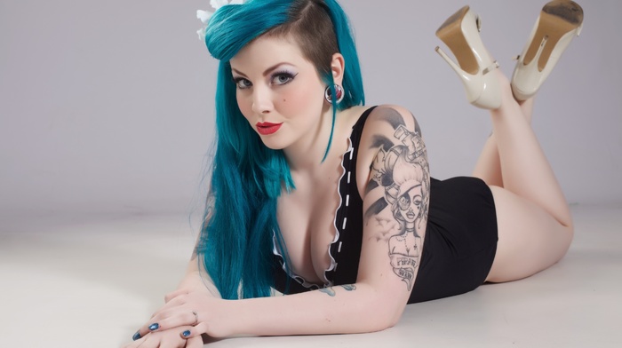 tattoo, looking at viewer, girl, high heels, blue hair, model