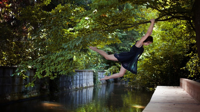 barefoot, canal, model, trees, jumping, climbing, girl
