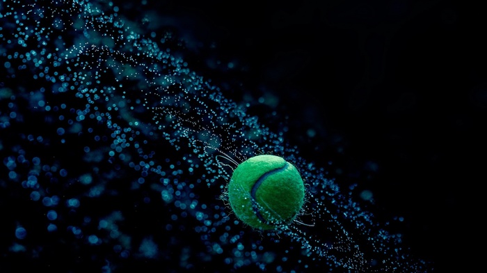 tennis balls, water drops, spiral, dark background, depth of field