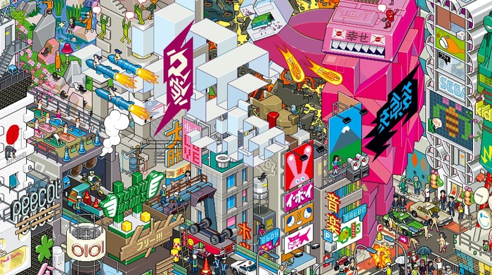 mech, pixel art, city, Rocket, Japan, pixels, artwork