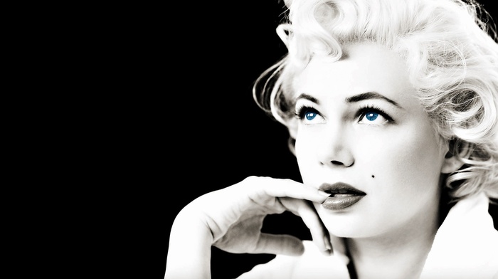 selective coloring, actress, face, legend, Michelle Williams, girl, long hair, blue eyes, black background, old photos, looking up, Marilyn Monroe, finger on lips, portrait, blonde