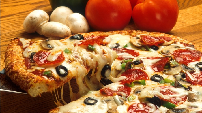 tomatoes, mushroom, food, pizza