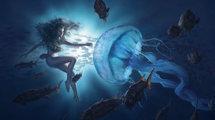 fish, girl, artwork, underwater, fantasy art