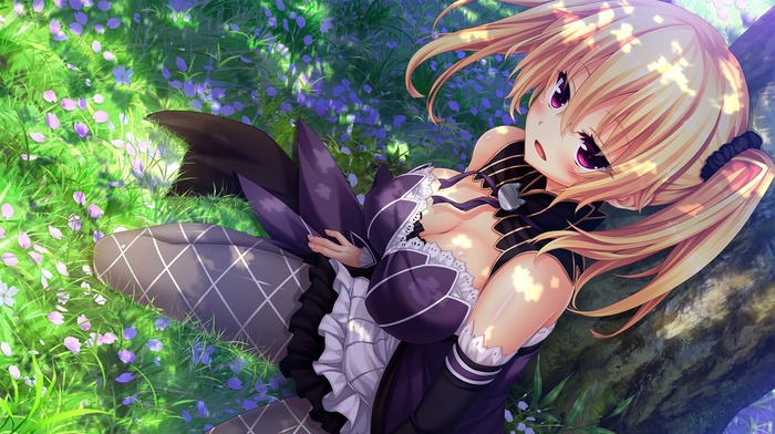 open mouth, Patricia of End, Game CG, anime, twintails, blonde, flowers, dress, anime girls, trees, visual novel, grass, cleavage, Nora to Oujo to Noraneko Heart