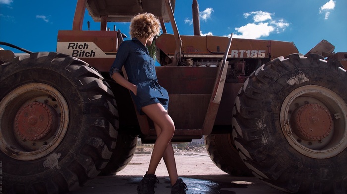 tyres, machine, tractors, Fedor Shmidt, vehicle, girl, clouds, legs, looking away