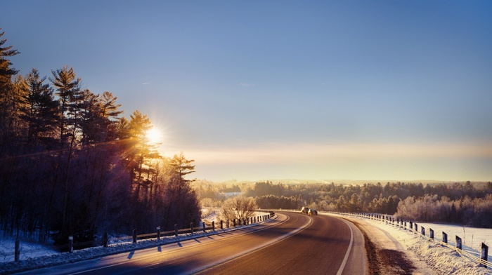 winter, landscape, sunlight, road