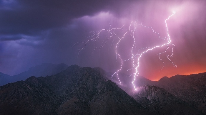 lightning, mountains, landscape, death valley, nature, clouds, california, electric, thunder, storm