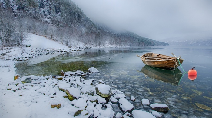 winter, boat, landscape, cold, mist, lake, nature, mountains, snow, calm
