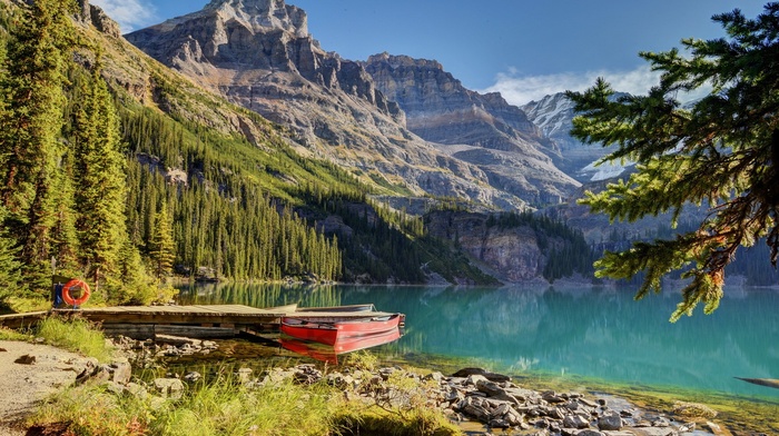 landscape, mountains, lake, trees, water, boat