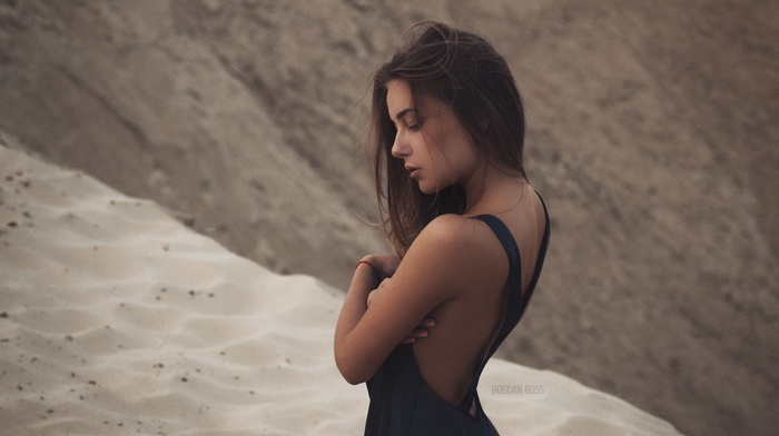 sand, girl, hand on  boobs, portrait, black dress