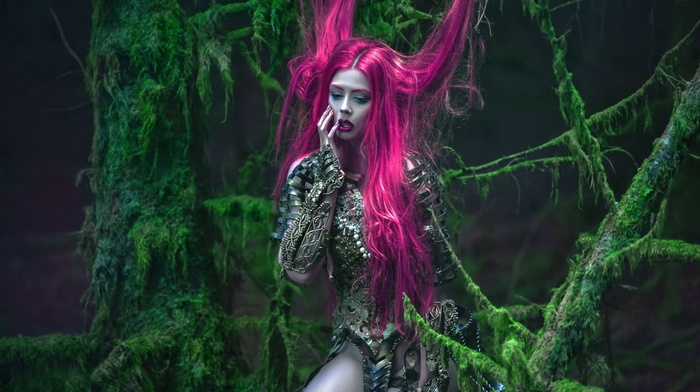 pink hair, fantasy art, girl outdoors, A. M. Lorek, model