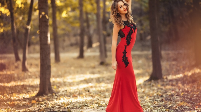 dress, red dress, depth of field, looking at viewer, curly hair, girl, long hair, model, smiling, heels, hands in hair, Artyom Bartash, girl outdoors