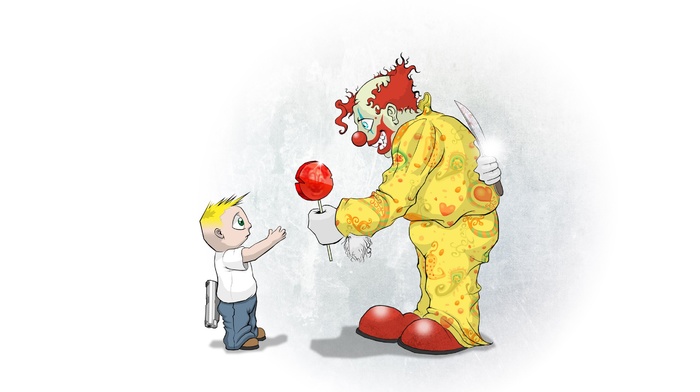 little boy, knife, creepy, lollipop, clowns