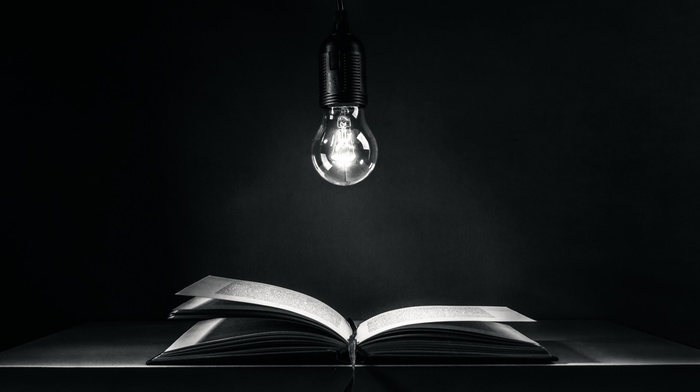 light bulb, books, lights