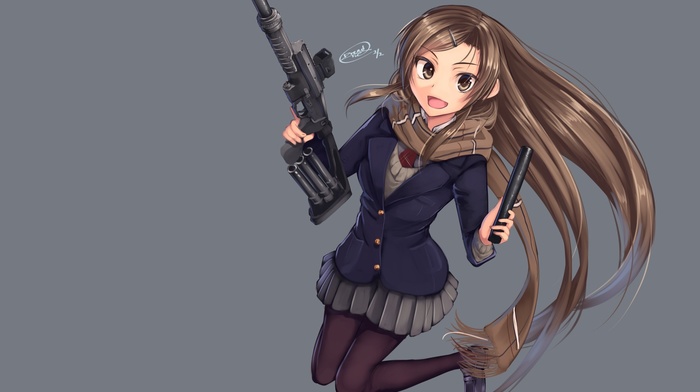 original characters, school uniform, gun, anime girls