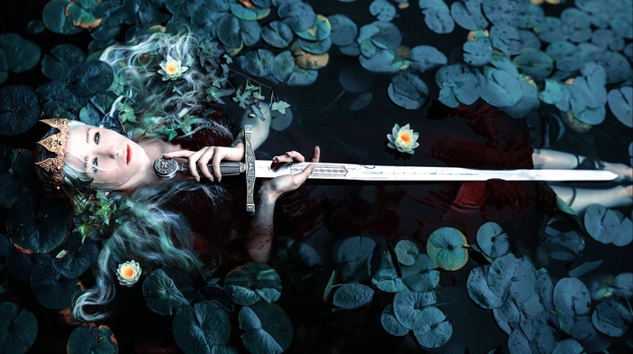 girl, fantasy art, sword, crown