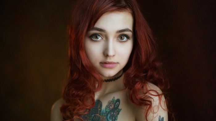 portrait, simple background, tattoo, face, redhead, Olga Vishes, girl, Maxim Maximov