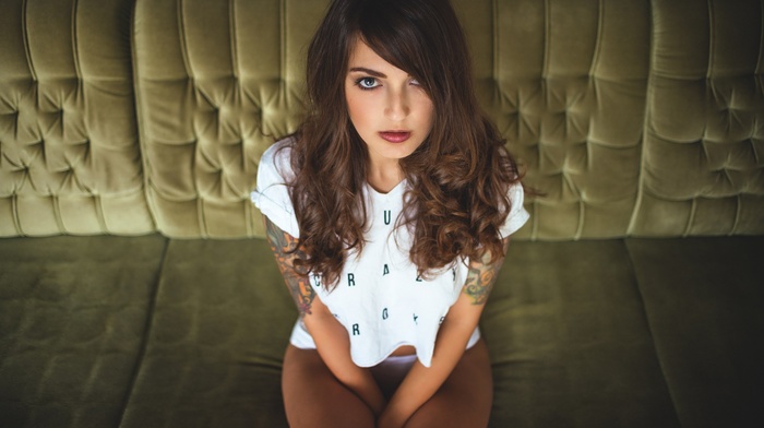 T, shirt, couch, looking at viewer, panties, girl, sitting, tattoo