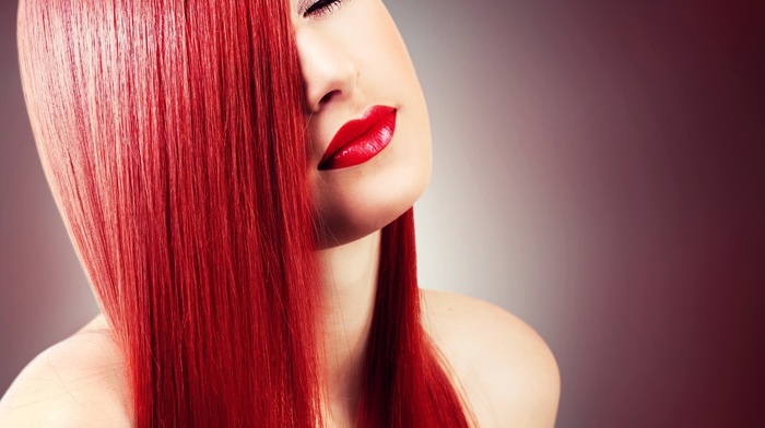 redhead, closed eyes, model, portrait, straight hair, face, girl