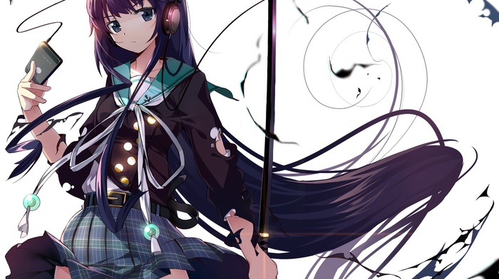 original characters, school uniform, katana, anime girls, headphones
