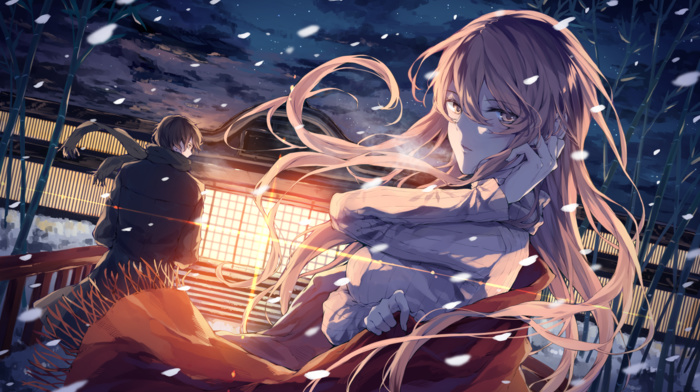 scarf, snow, original characters, anime, long hair