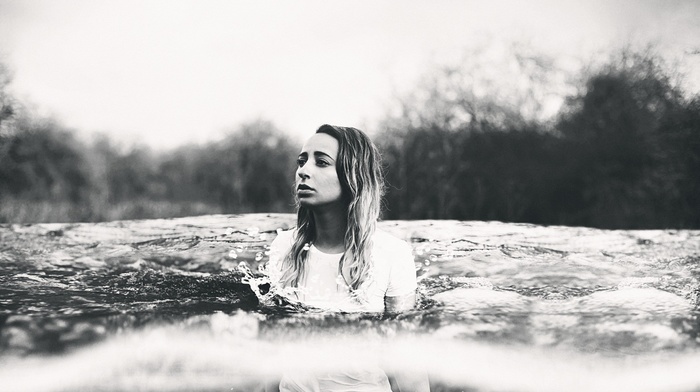 girl, underwater, monochrome, water, river, girl outdoors