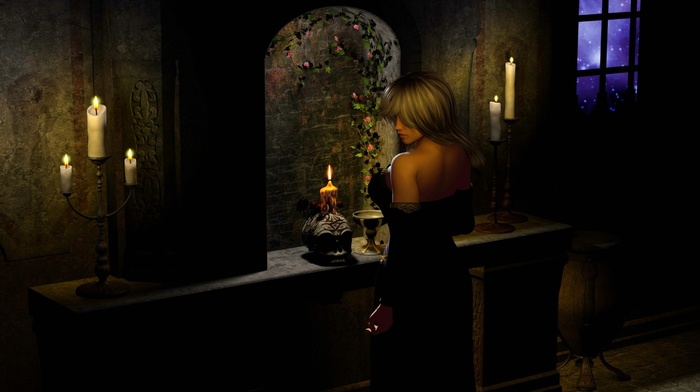 girl, digital art, window, CGI, candles, skull, bare shoulders, black dress, blonde, Gothic, dark, long hair, big boobs
